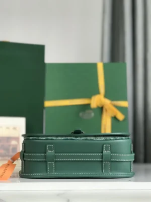 Green Goyard Belv é d è re 2 crossbody bag with silk ribbon, featuring a minimalist design, leather accents, and adjustable straps, displayed alongside a green gift box with yellow ribbon.