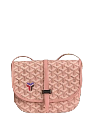 Pink designer crossbody bag with geometric pattern and logo, featured in RepsGoat's collection of affordable replica handbags.