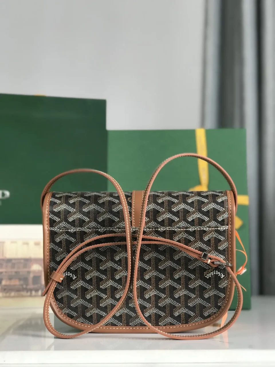 Goyard Saint Louis PM bag black and white chevron canvas brown leather trim with adjustable strap