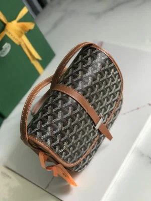 Goyard Saint Louis PM GM21PM black/white coated canvas bag with brown leather trim and silver clasp