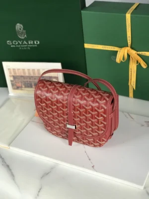 Goyard Saint Louis PM red monogram canvas crossbody bag with leather trim and silver buckle hardware