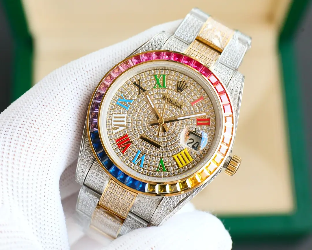 Rolex Datejust rainbow dial diamond bezel two-tone stainless steel watch
