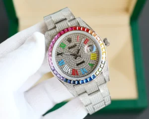 Rolex Datejust multicolor dial rainbow bezel diamond-encrusted stainless steel watch
