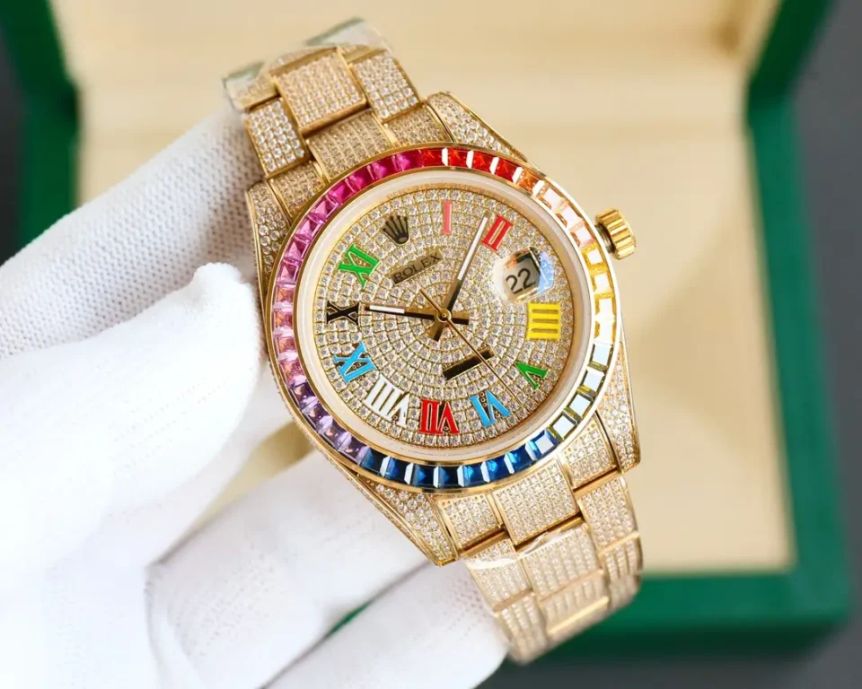 Rolex Day-Date 36 rainbow dial diamond bezel yellow gold watch with diamond-set bracelet