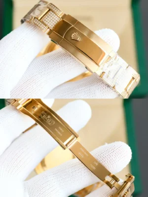 Rolex watch model 72200 gold tone stainless steel bracelet with diamond accents and polished clasp detailing