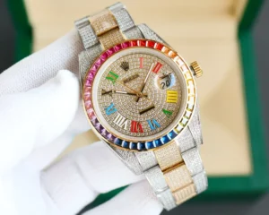 Rolex Rainbow Datejust multicolor dial diamond bezel two-tone gold stainless steel watch