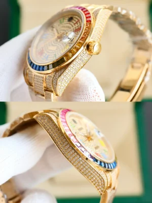 Rolex Day-Date 36 yellow gold watch with diamond pavé dial and multicolor sapphire bezel luxury model
