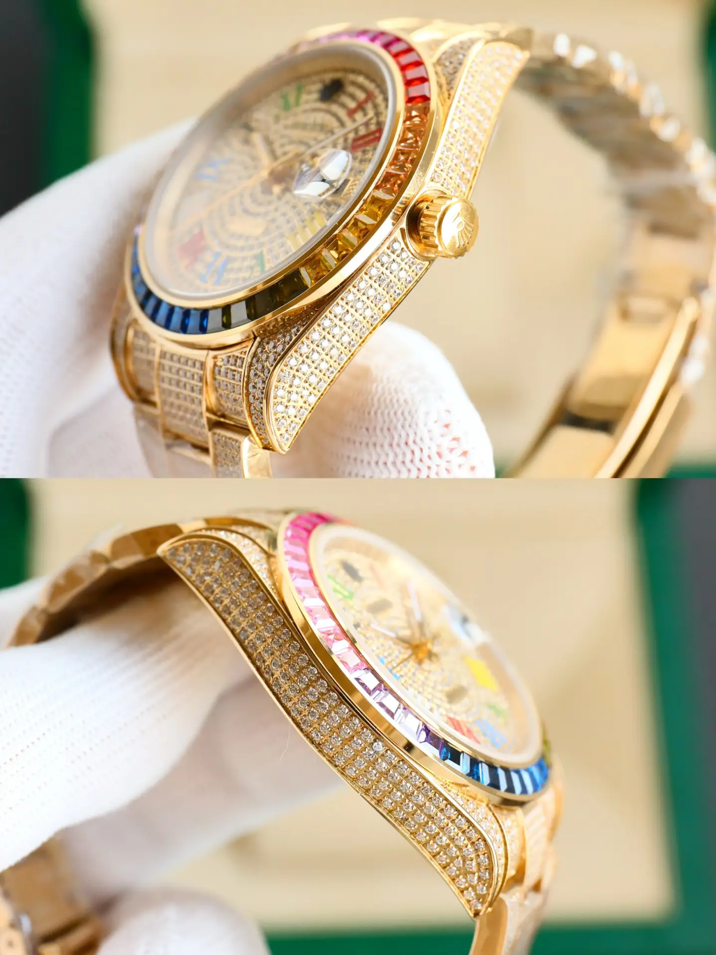 Rolex Day-Date 36 yellow gold watch with diamond pavé dial and multicolor sapphire bezel luxury model