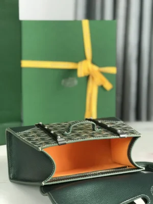 Goyard bag small size green and beige chevron canvas with green leather and orange interior lining