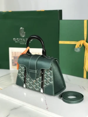 Goyard Artois 25 small handbag green leather and signature coated canvas with black handles and silver hardware