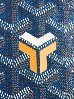 Goyard Pearl Blue tote bag fabric detail featuring distinctive logo and pattern, highlighting quality materials and exclusive customization options.