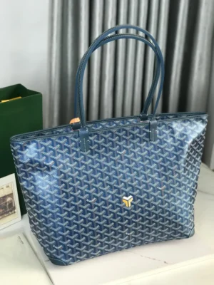Goyard Pearl Blue tote bag featuring a signature pattern, dual handles, and a spacious design, showcased on a neutral background, emphasizing quality craftsmanship and luxury appeal.