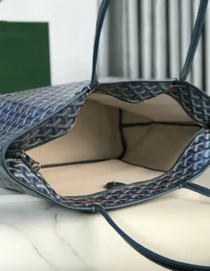 Goyard Pearl Blue tote bag interior showcasing spacious design and high-quality fabric, emphasizing customization and security features.