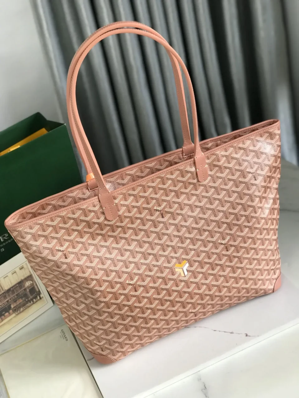 Goyard Saint Louis PM tote bag pink monogram canvas leather trim medium size handbag