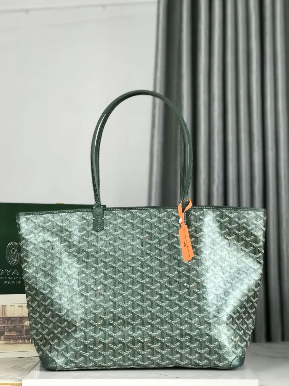 Goyard Saint Louis tote large size green coated canvas bag with leather handles and orange tag