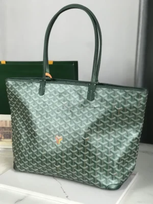 Goyard Saint Louis PM tote bag green monogram canvas leather trim medium size