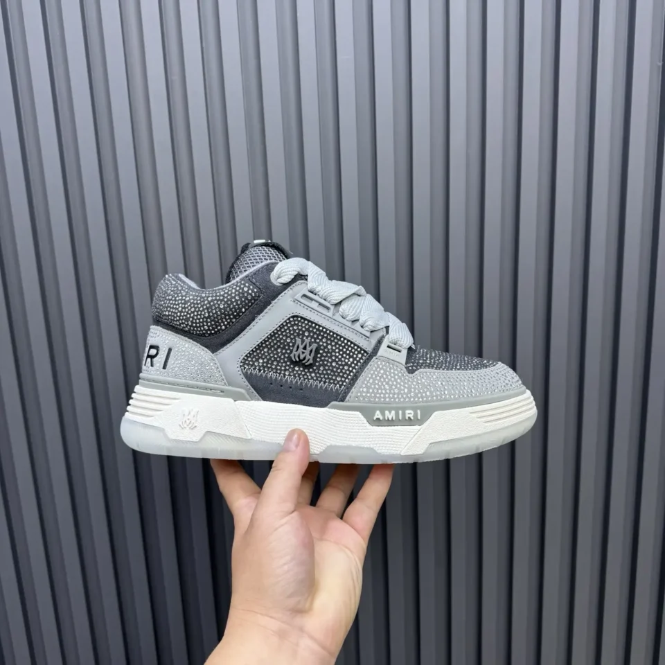 Amiri Skel Toe grey black white colorway studded leather sneakers