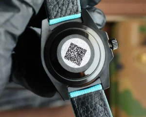 Rolex Submariner 116610LN black dial ceramic bezel stainless steel watch with black leather strap and turquoise stitching