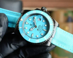 Rolex Submariner Turquoise dial turquoise bezel black stainless steel watch with turquoise fabric strap