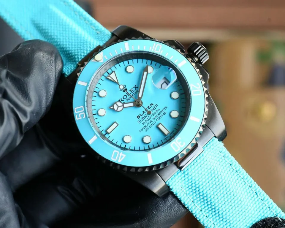 Rolex Submariner Blaken turquoise dial ceramic bezel black stainless steel watch with fabric strap