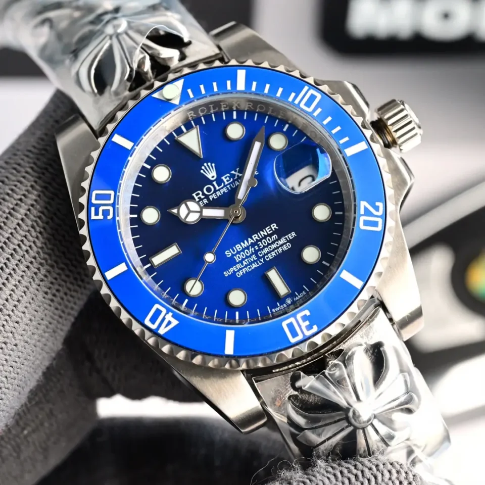 Rolex Submariner blue dial blue ceramic bezel stainless steel watch with engraved metal bracelet