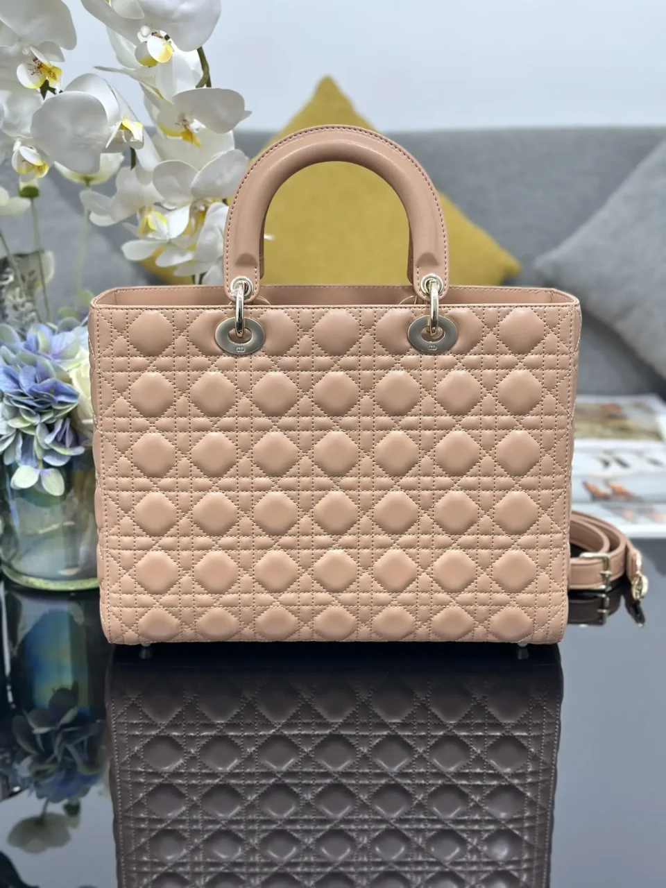 Dior Lady Dior medium beige pink quilted lambskin leather handbag silver hardware with detachable strap