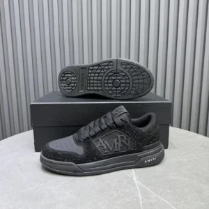Amiri AMW002 black colorway suede and mesh low-top sneakers with rhinestone detailing and rubber sole