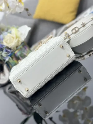 Dior Lady Dior small white quilted lambskin leather bag gold hardware studs