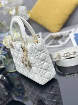 Dior Lady Dior small handbag white quilted leather gold hardware with charm bag and matching belt accessories