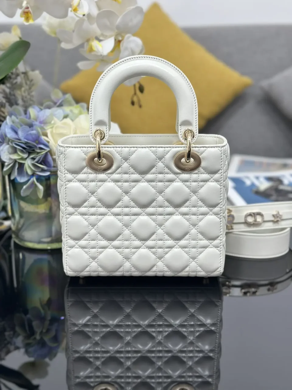 Dior Lady Dior bag small white quilted lambskin leather with gold-tone hardware and top handles