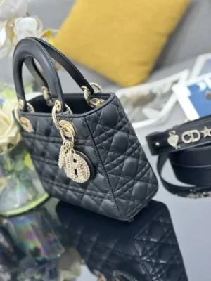 Dior Lady Dior small quilted leather bag black lambskin gold hardware charms