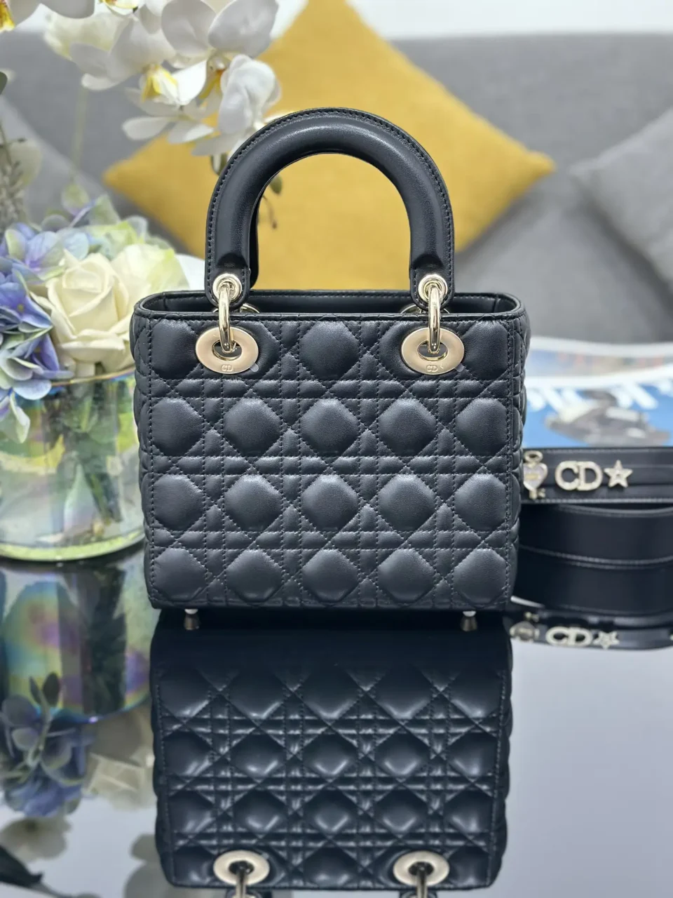 Dior Lady Dior small black quilted lambskin bag with gold hardware and detachable strap