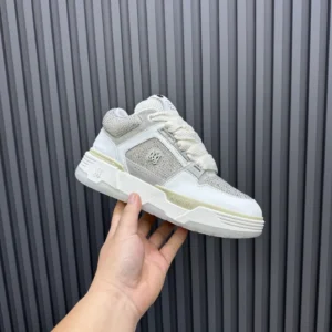 Amiri MC1 white grey crystal mesh leather sneakers with branded logo detailing and chunky sole