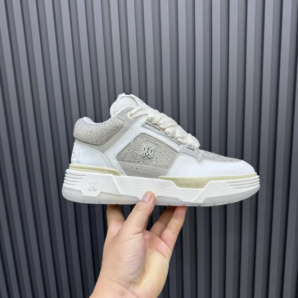 Amiri Skel Top Low white beige suede mesh sneakers with crystal embellishments