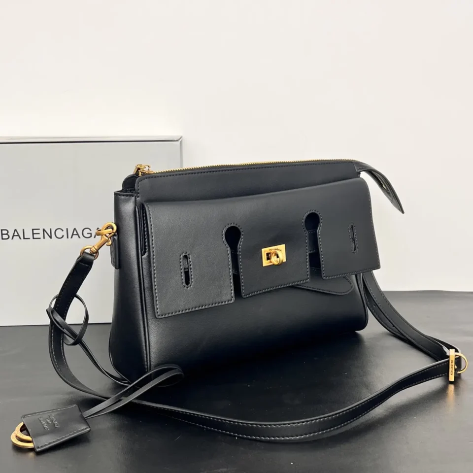Balenciaga Hourglass 25 black leather crossbody bag gold hardware buckle detail