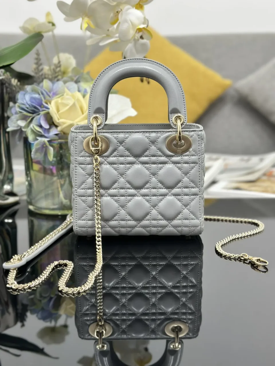 Christian Dior Lady Dior Mini handbag gray lambskin leather gold-tone chain strap