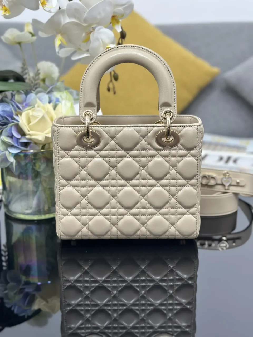 Dior Lady Dior small handbag beige lambskin leather with quilted pattern and gold hardware