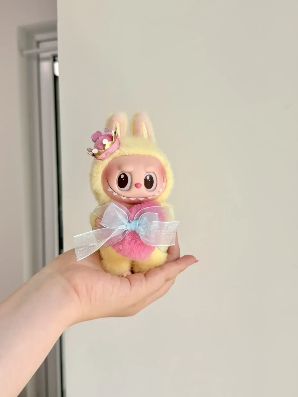 Repsgoat Plush Bunny Toy yellow pink fur with blue bow and small crown accessory