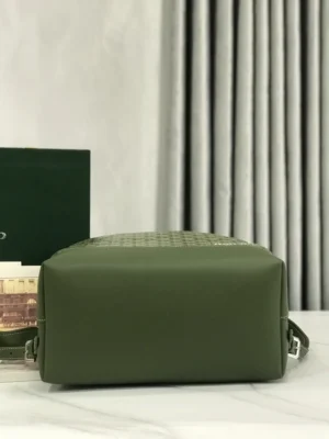 Goyard Cisalpin Backpack in green, featuring structured design and zipper closure, displayed on a table with a backdrop of vertical curtains.