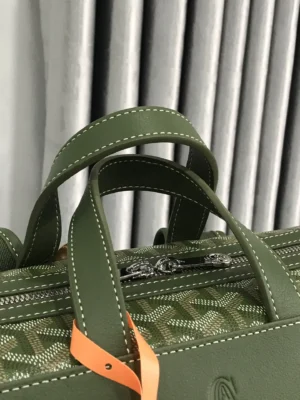 Goyard Cisalpin Backpack in green with structured handles and zipper closure, showcasing premium craftsmanship and luxury design.