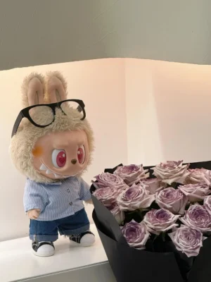 Ikea plush toy rabbit beige fur fabric blue shirt denim pants sneakers and black glasses accessory