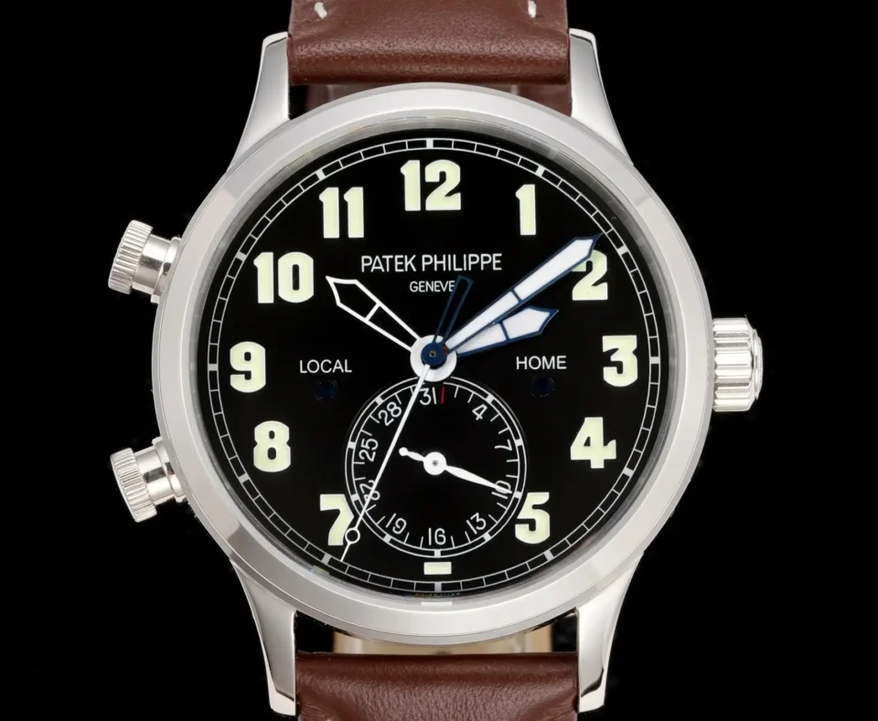 Patek Philippe Calatrava Pilot Travel Time black dial stainless steel case leather strap watch