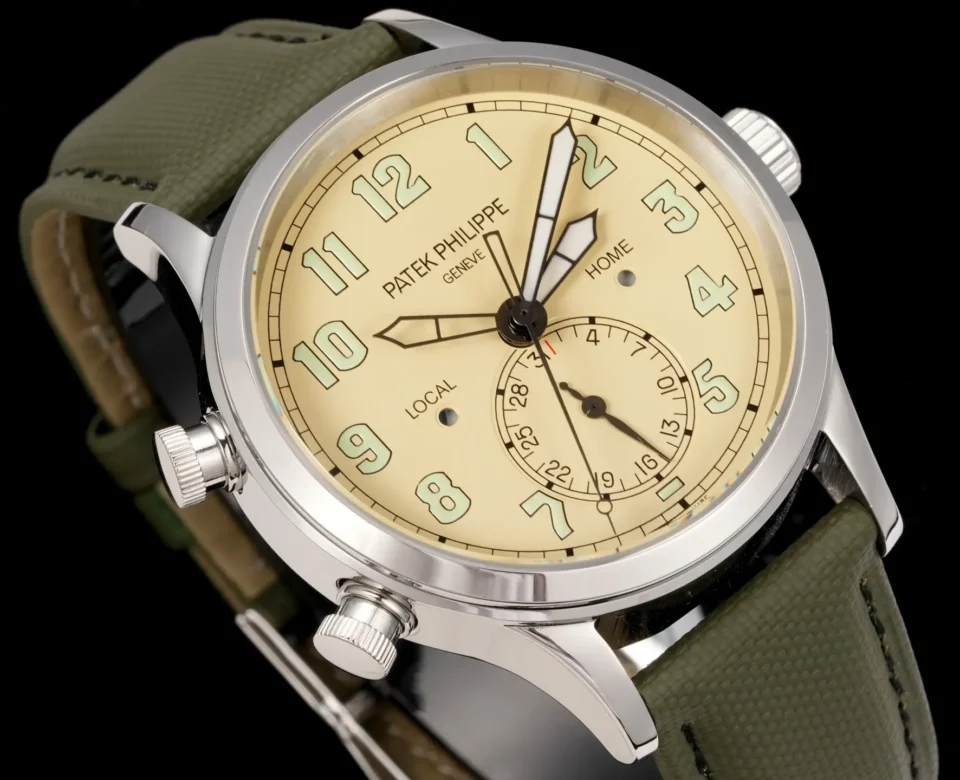 Patek Philippe Calatrava Pilot Travel Time 5524G cream dial stainless steel case green textile strap watch
