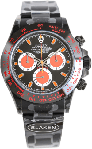 Rolex Daytona black dial red accents ceramic bezel stainless steel Blaken coated watch