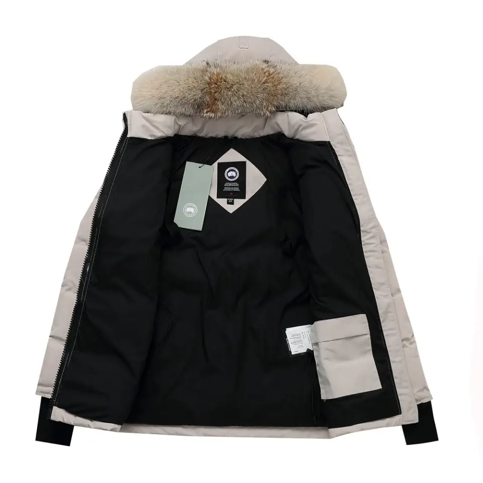 Canada Goose Expedition Parka white outerwear jacket with fur trim hood and black lining