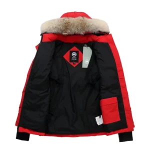 Canada Goose Expedition Parka red Arctic-Tech fabric jacket with fur-trimmed hood and black interior lining