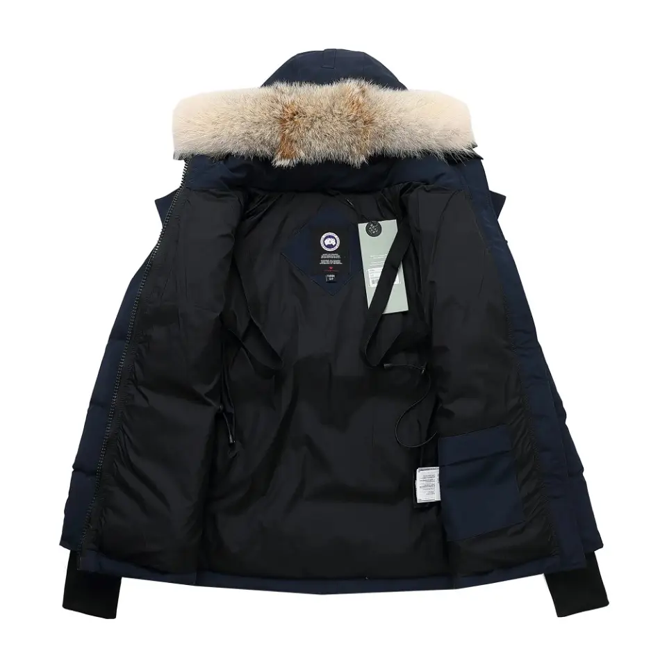 Canada Goose parka navy blue outerwear with black lining and beige fur trim hood