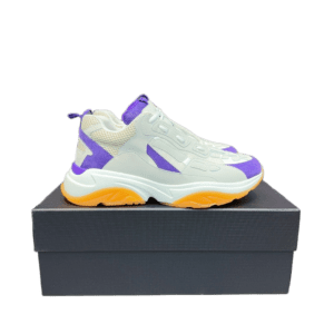 AMIRI Trainer replica sneaker in white, purple, and orange colorway displayed on a black shoebox, showcasing luxury sneaker design and style.