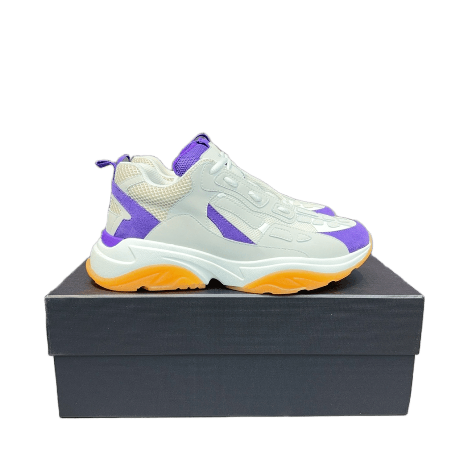 Unknown brand white purple orange colorblock mesh leather sneakers on black shoebox