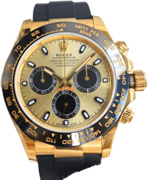 Rolex Daytona gold dial ceramic bezel gold case black rubber strap watch